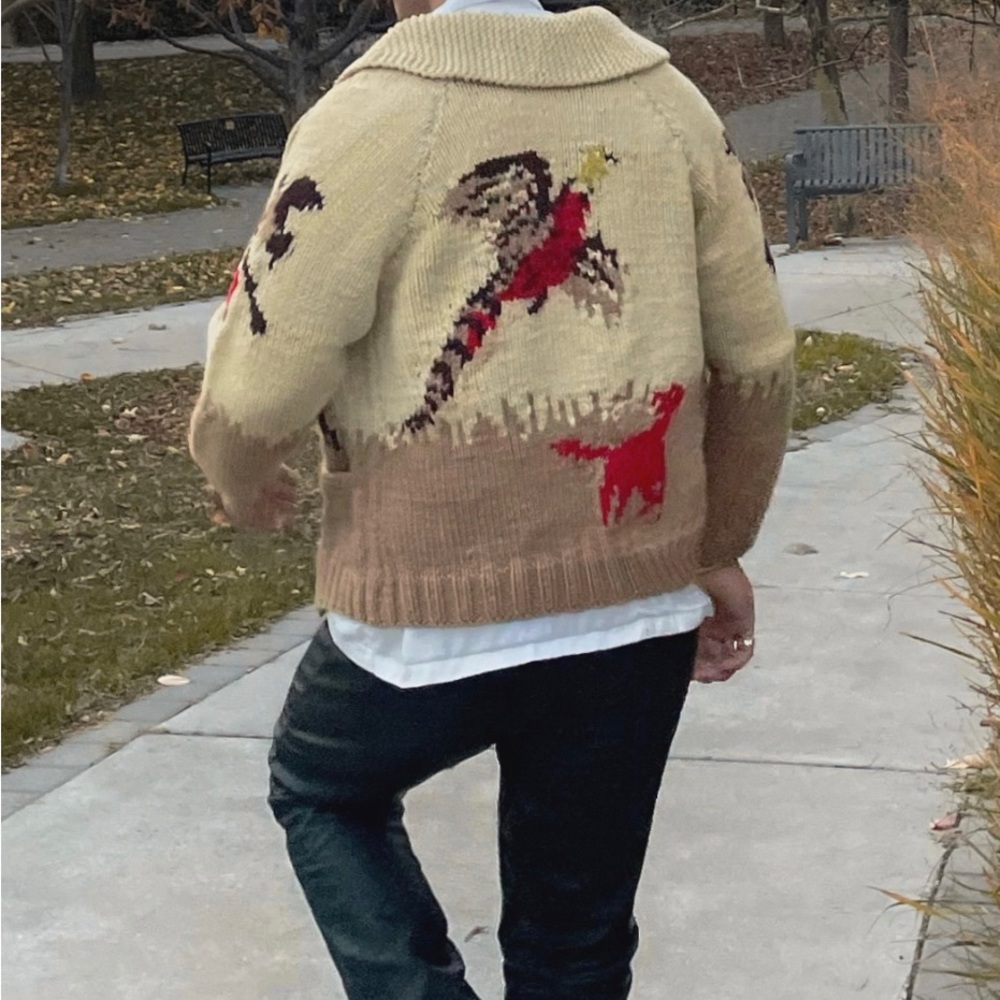 Vintage 1960’s Handknit Wool Zip Front Cardigan Sweater Hunter Pheasant Mens Med - Picture 5 of 5